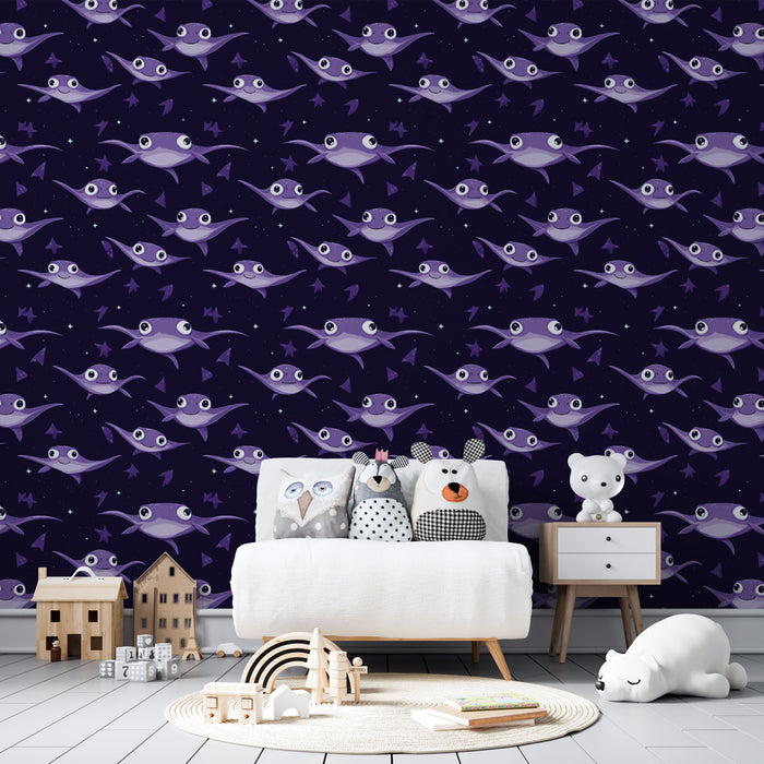 Kids room wallpaper with patterns | Cute fishes on starry purple background