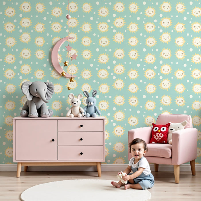 Papier peint chambre enfant à motifs | Rayons de soleil joyeux sur fond bleu