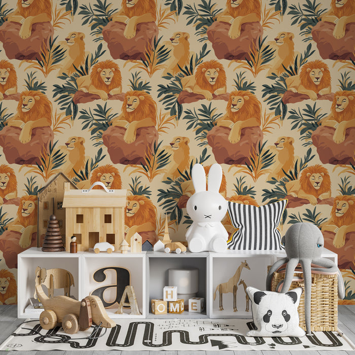 Papier peint chambre enfant à motifs | Rois de la savane et feuillage luxuriant