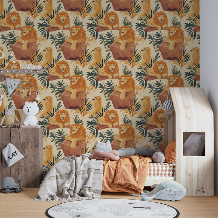 Papier peint chambre enfant à motifs | Rois de la savane et feuillage luxuriant