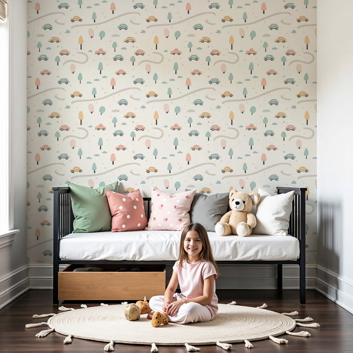 Kids room wallpaper with patterns | Winding road with colorful cars and delicate trees