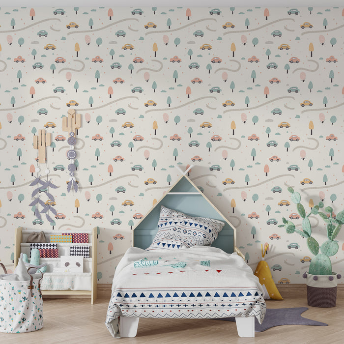 Kids room wallpaper with patterns | Winding road with colorful cars and delicate trees