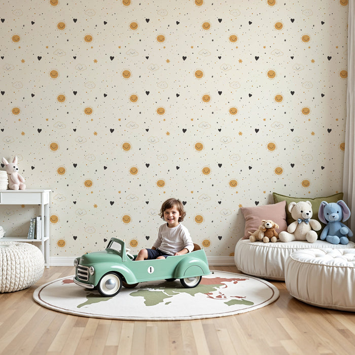 Kinderkamer behang met patronen | Lachende zon en zachte wolken