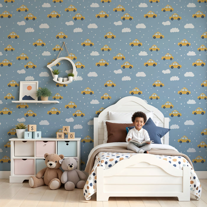Kids room wallpaper with patterns | Yellow taxis on a blue background