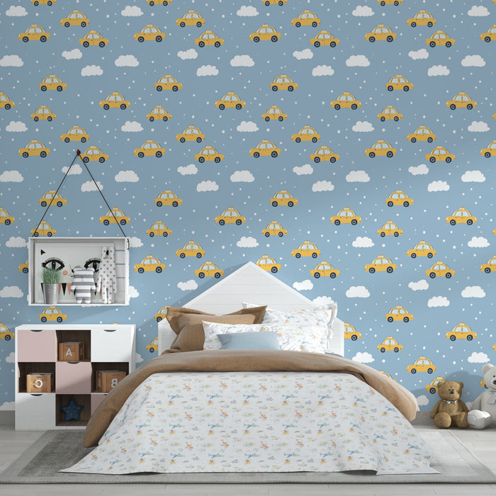 Kids room wallpaper with patterns | Yellow taxis on a blue background