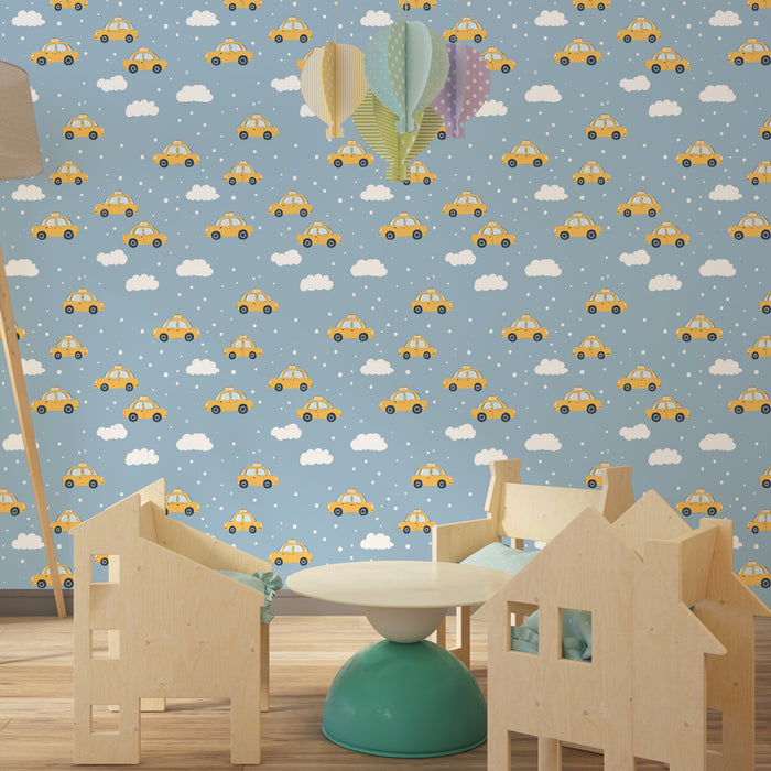 Kids room wallpaper with patterns | Yellow taxis on a blue background