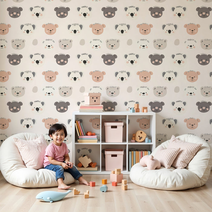 Kids room wallpaper with patterns | Adorable animal heads in soft colors