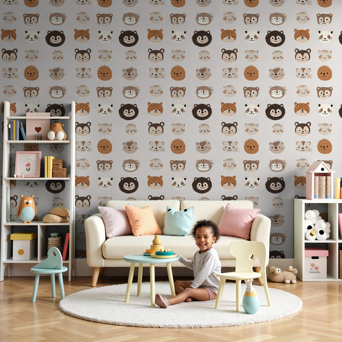 Kids room wallpaper with patterns | Adorable pastel colored animal heads
