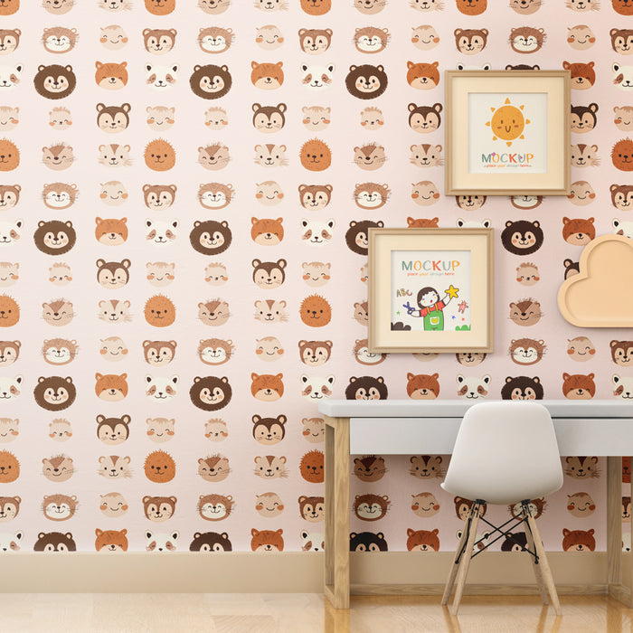 Papier peint chambre enfant à motifs | Têtes d'animaux adorables en couleur pastel