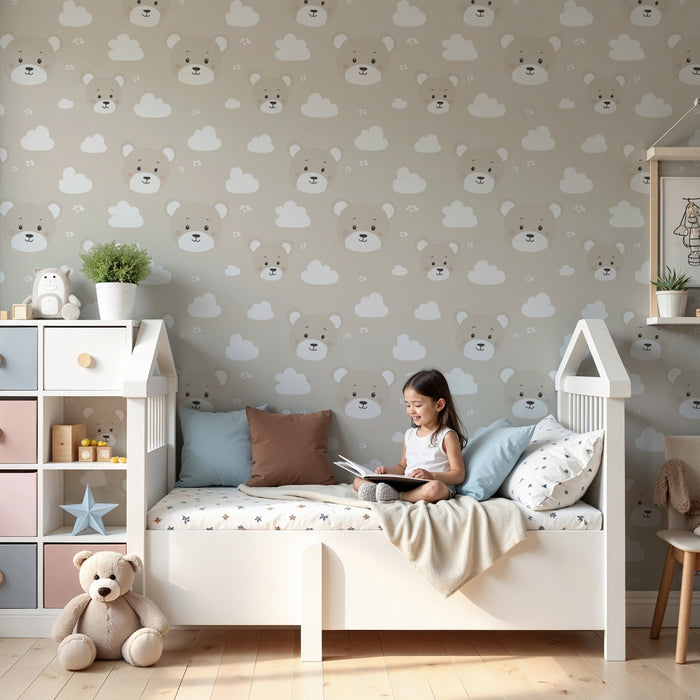 Kinderzimmer Tapete mit Motiven | Niedliche Bärenköpfe auf wolkenförmigem Hintergrund