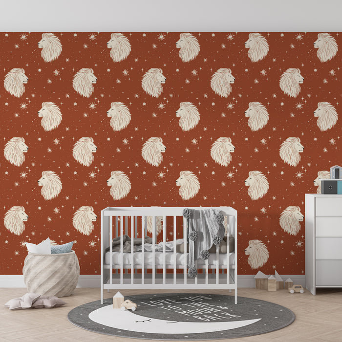 Gyermekszoba tapéta mintákkal | Elegáns oroszlánfejek rozsdaszín háttéren