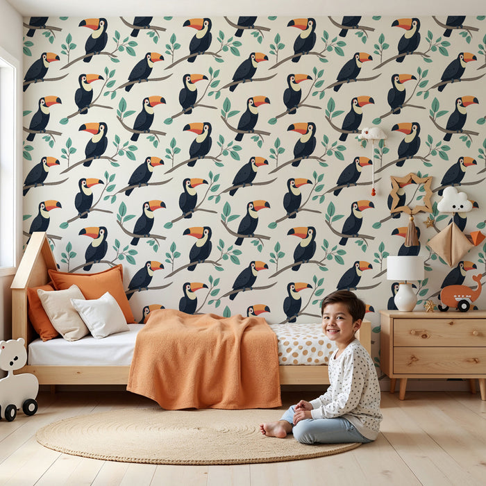 Kinderzimmer Tapete mit Motiven | Bunte Tukane auf blättrigen Zweigen