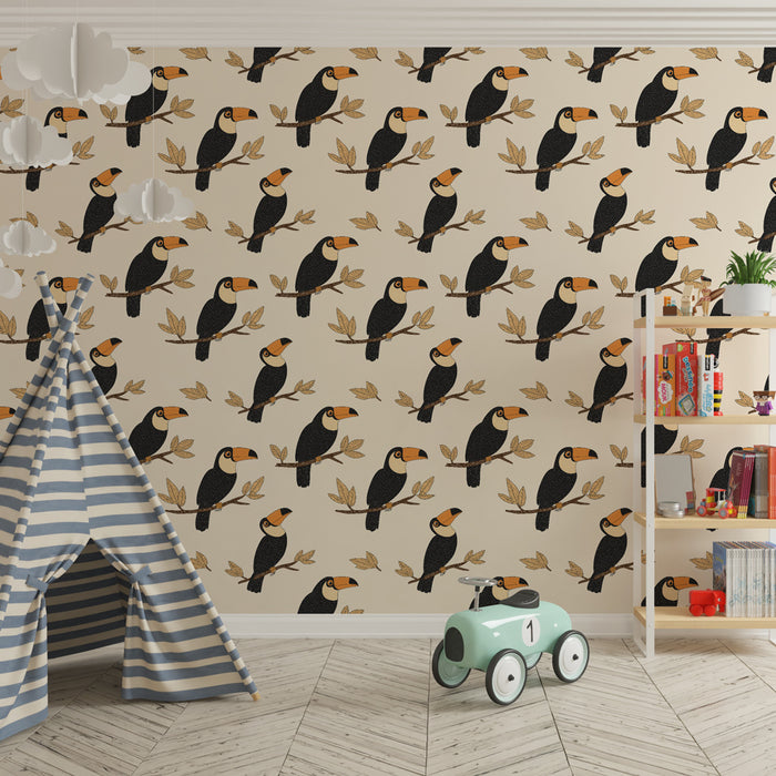 Barntapet med mönster | Eleganta tukaner på beige bakgrund