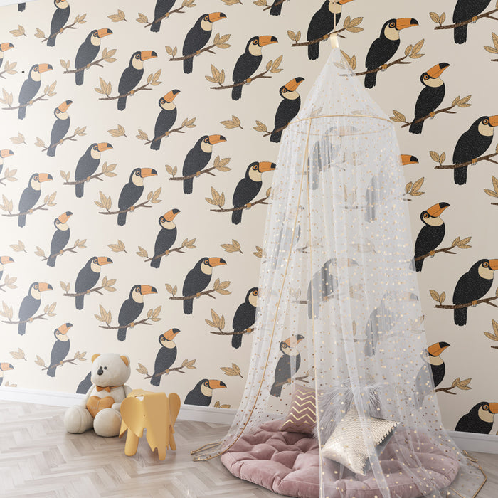 Barntapet med mönster | Eleganta tukaner på beige bakgrund