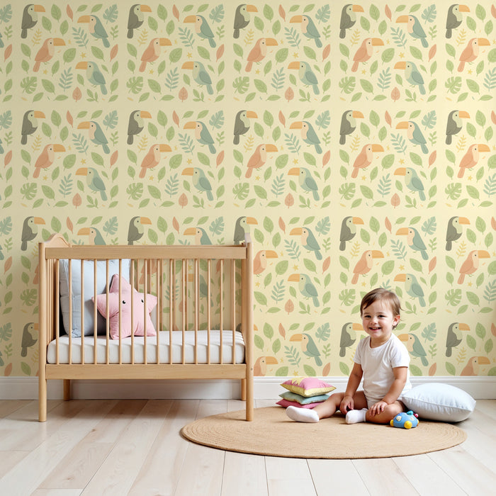 Kinderzimmer Tapete mit Mustern | Bunte Tukane und grünes Blattwerk