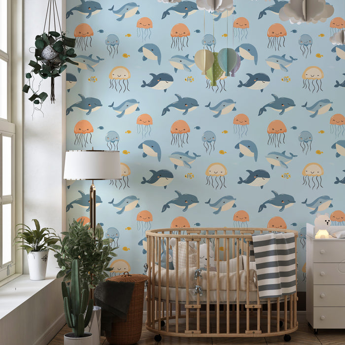 Børneværelse tapet med mønster | Farverig havunivers med delfiner og vandmænd