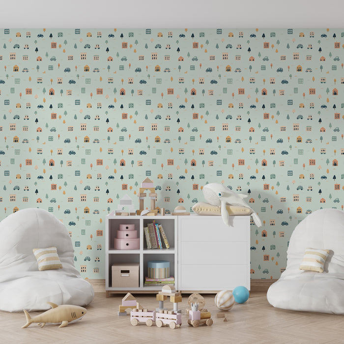 Papier peint chambre enfant à motifs | Ville colorée avec maisons et voitures