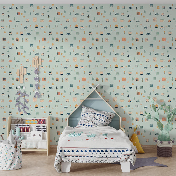 Papier peint chambre enfant à motifs | Ville colorée avec maisons et voitures