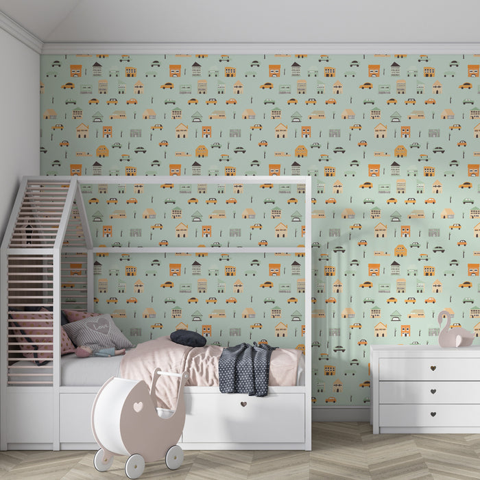 Papier peint chambre enfant à motifs | Ville colorée et voitures amusantes