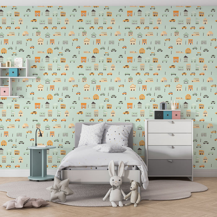 Papier peint chambre enfant à motifs | Ville colorée et voitures amusantes