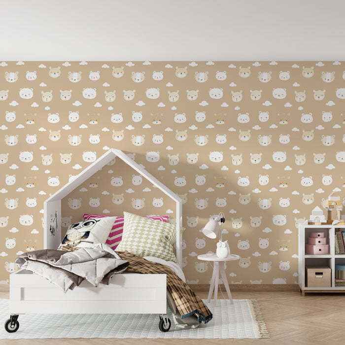 Papier peint chambre enfant à motifs | Visages d'ours mignons sur fond beige