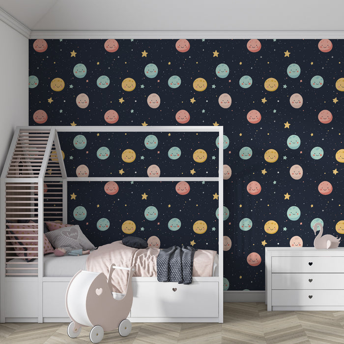 Papier peint chambre enfant à motifs | Visages de planètes souriants sur fond étoilé
