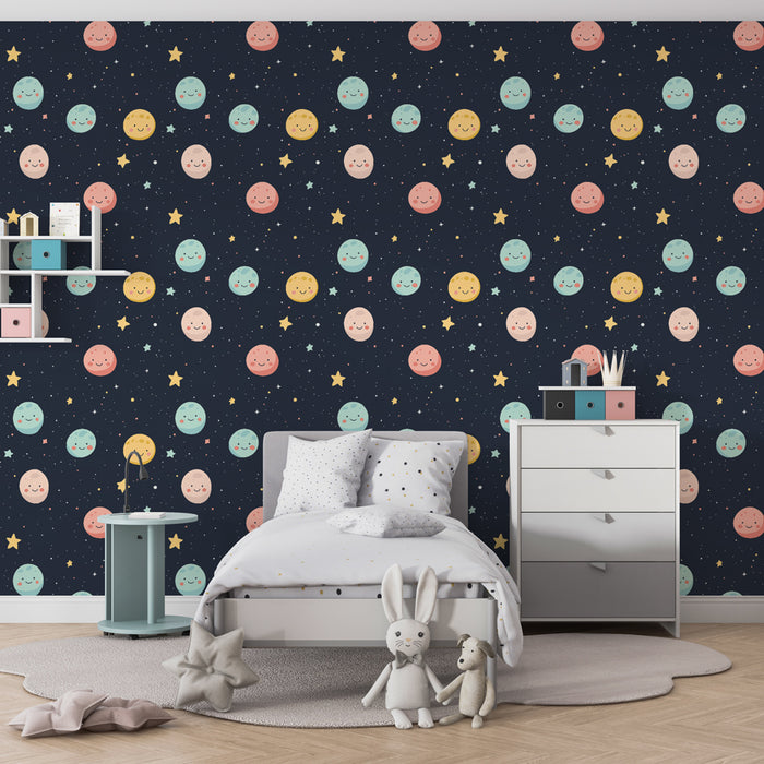 Papier peint chambre enfant à motifs | Visages de planètes souriants sur fond étoilé