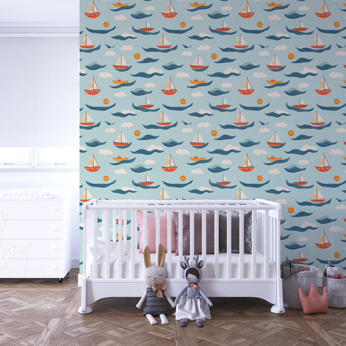 Kids room wallpaper with patterns | Colorful sailboats on a soothing marine background