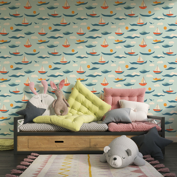 Kids room wallpaper with patterns | Colorful sailboats on a soothing marine background