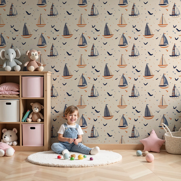 Kinderkamer behang met patronen | Zeilboten en vogels op zee