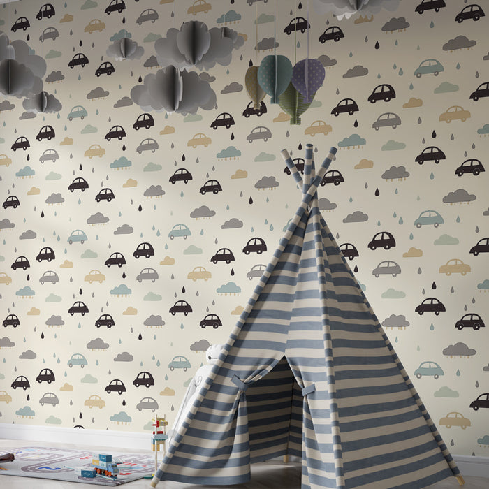 Papier peint chambre enfant à motifs | Voitures colorées et nuages joyeux