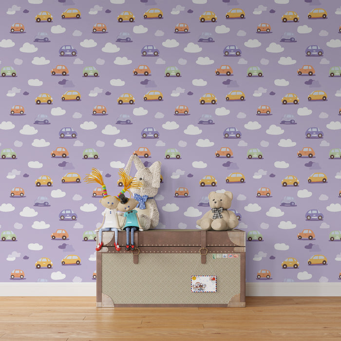 Papier peint chambre enfant à motifs | Voitures colorées sur fond violet