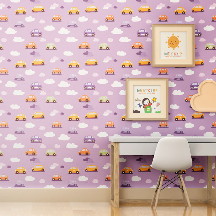 Papier peint chambre enfant à motifs | Voitures colorées sur fond violet