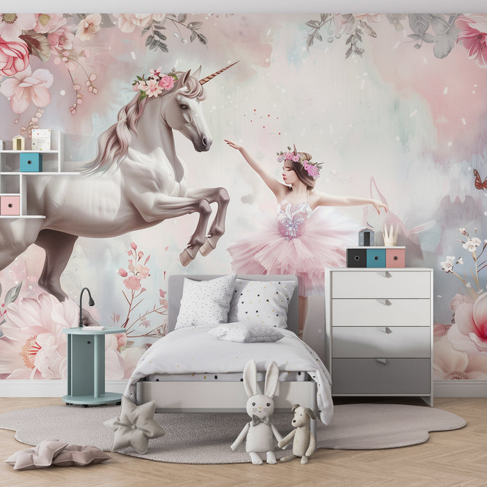 Kinderzimmer Tapete - Magisches Ballett zwischen Einhorn und Ballerina in einem Garten mit Pastellblumen