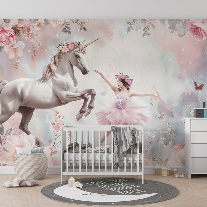 Kinderzimmer Tapete - Magisches Ballett zwischen Einhorn und Ballerina in einem Garten mit Pastellblumen