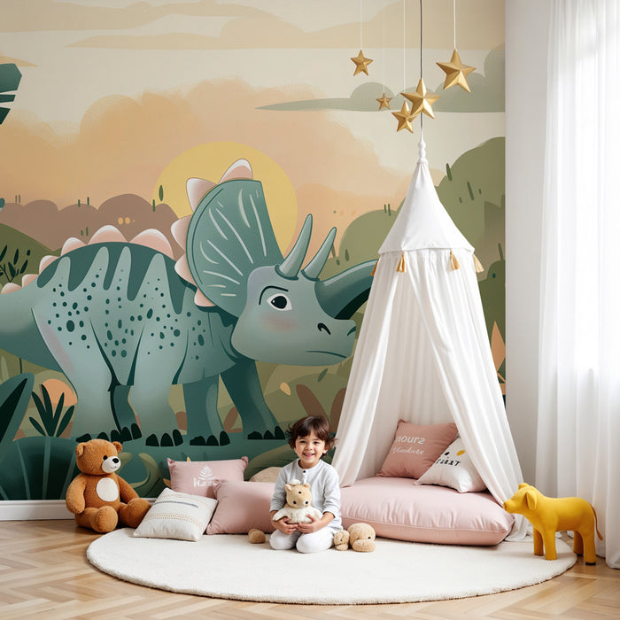 Barntapet - Rolig Triceratops som utforskar djungeln i skymningens färger