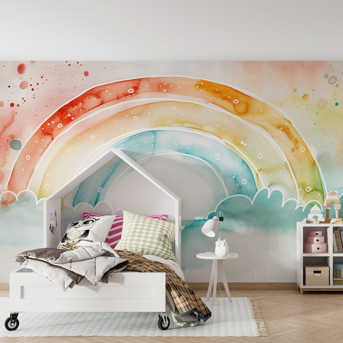 Papel pintado infantil | Arcoiris acuarela brillante con nubes suaves