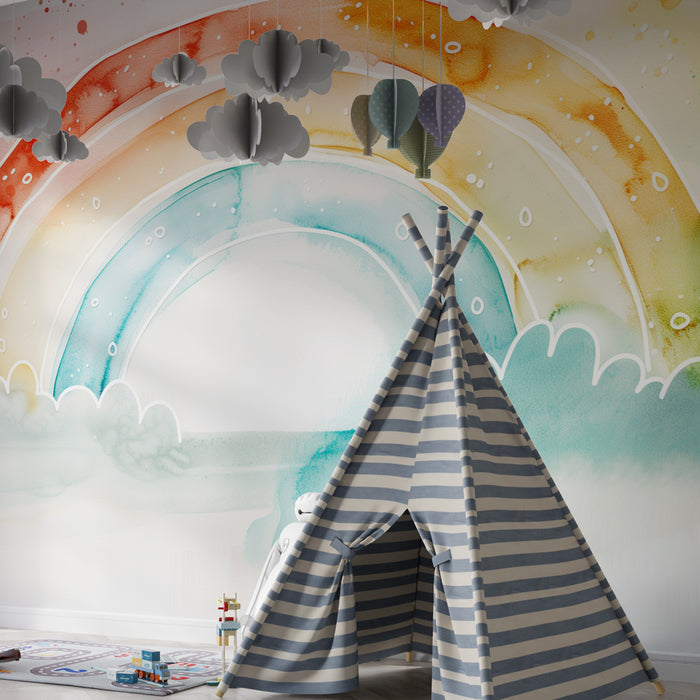 Papel pintado infantil | Arcoiris acuarela brillante con nubes suaves