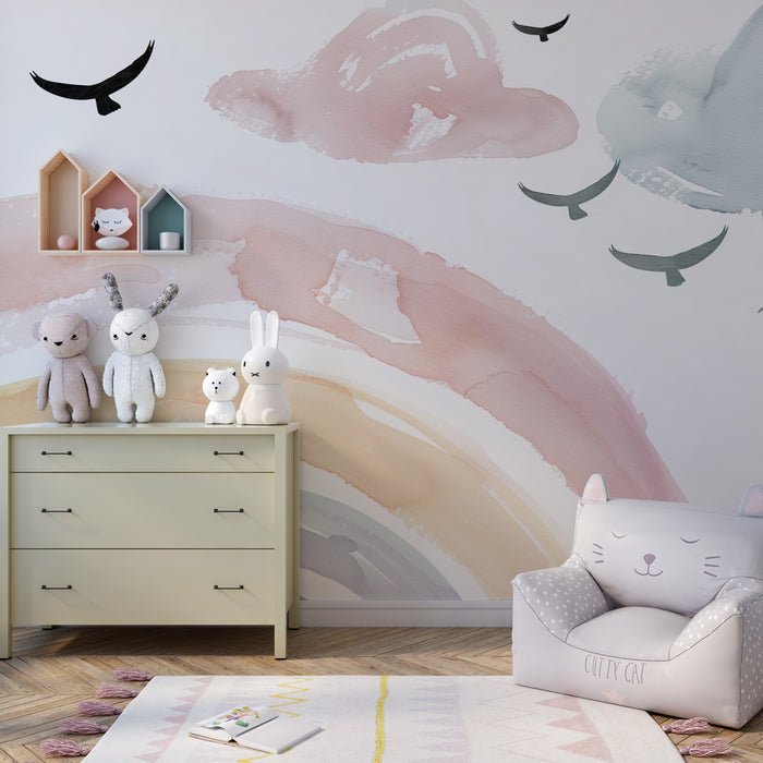 Papel pintado infantil | Arcoiris acuarela y nubes suaves con pájaros