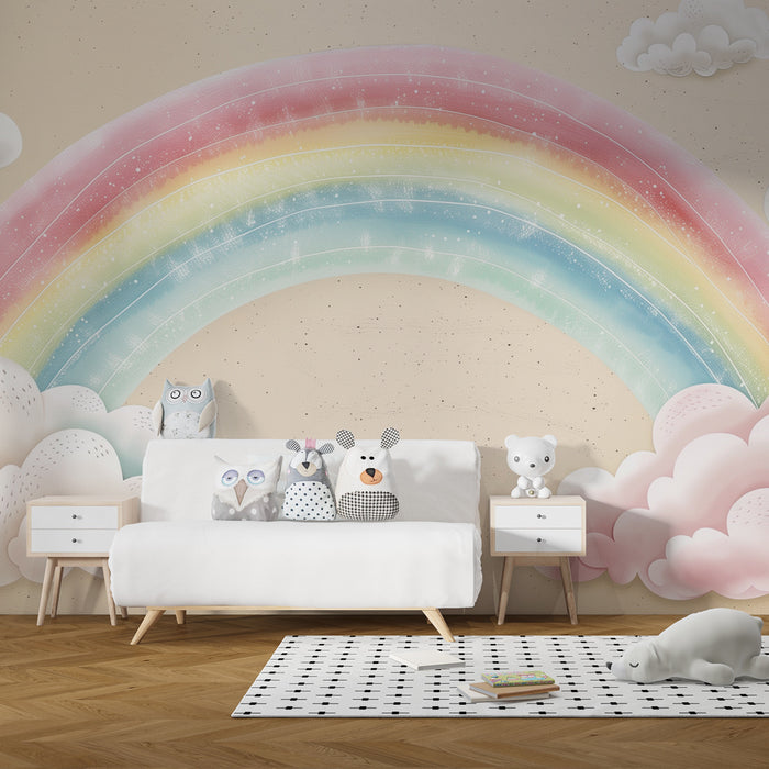 Carta da parati bambini | Arcobaleno magico e nuvole soffici su sfondo beige