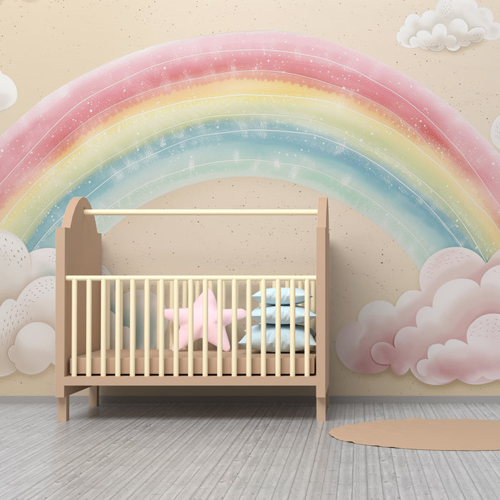 Carta da parati bambini | Arcobaleno magico e nuvole soffici su sfondo beige