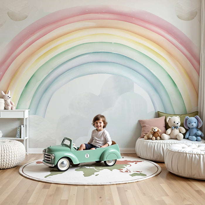 Nursery room wallpaper | Pastel rainbow and fluffy watercolor clouds