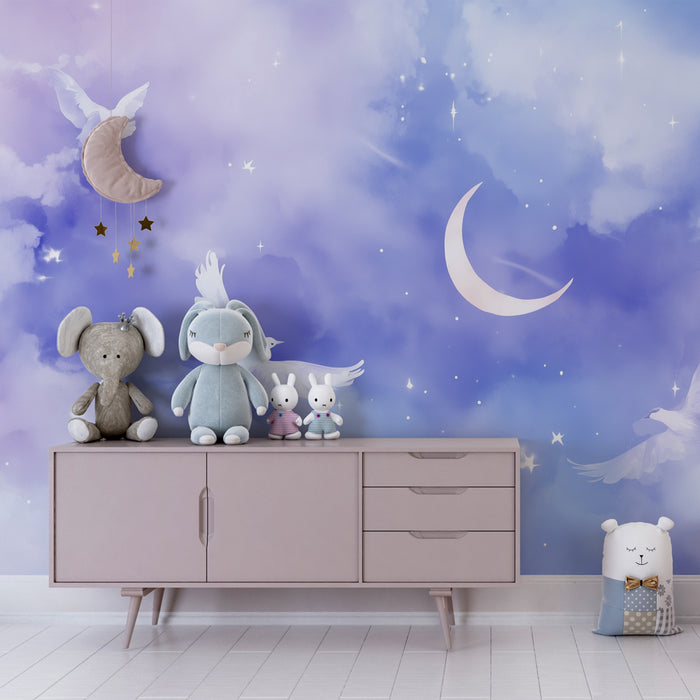Papel pintado infantil | Palomas celestiales y luna, dulzura onírica en un cielo estrellado