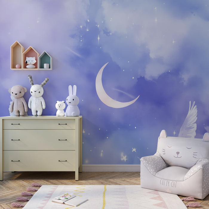 Papel pintado infantil | Palomas celestiales y luna, dulzura onírica en un cielo estrellado