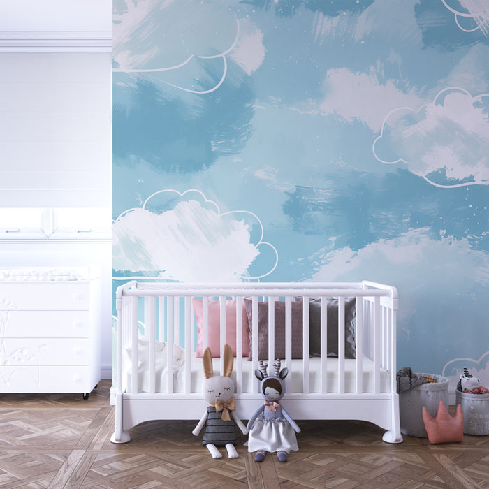 Babyzimmer Tapete | Sanfte Wolken in Aquarell-Himmelblau, beruhigender Farbeffekt