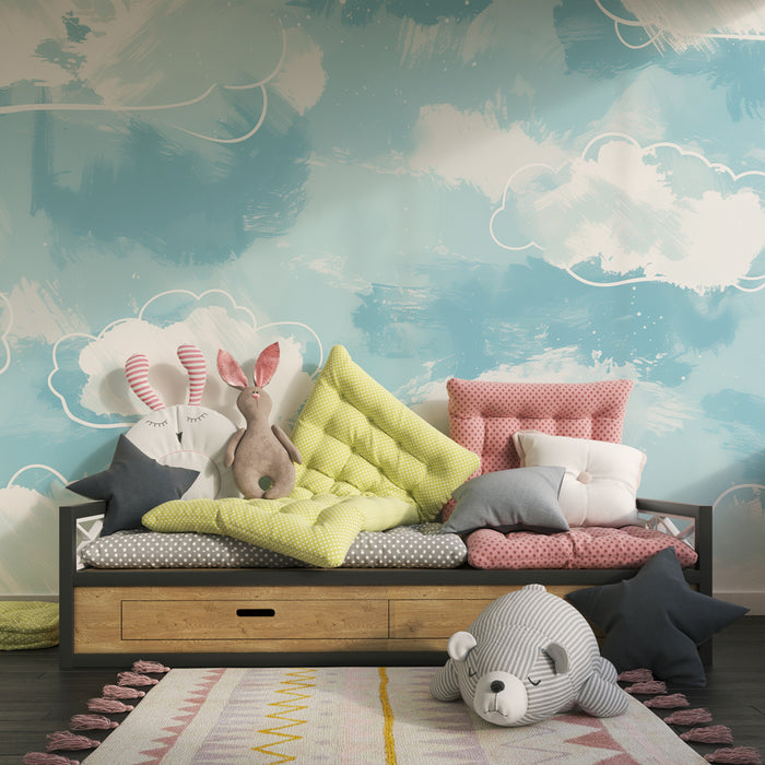 Babyzimmer Tapete | Sanfte Wolken in Aquarell-Himmelblau, beruhigender Farbeffekt