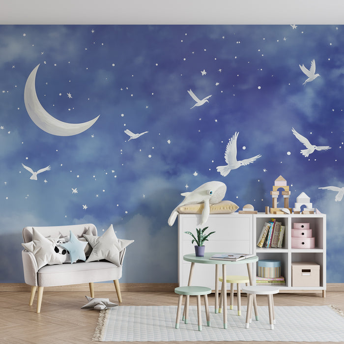 Babyzimmer Tapete | Sternennacht und fliegende Tauben, sanfte und beruhigende Atmosphäre