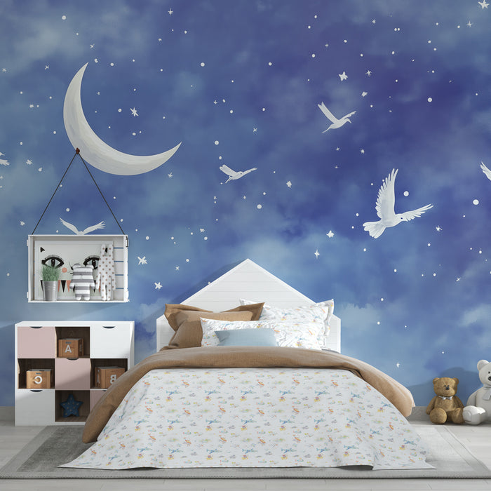 Babyzimmer Tapete | Sternennacht und fliegende Tauben, sanfte und beruhigende Atmosphäre
