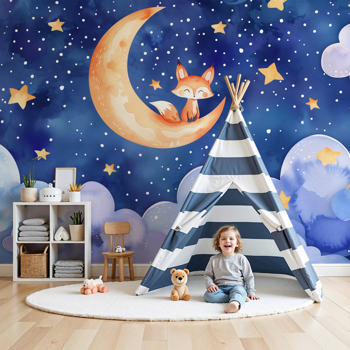 Carta da parati bambini | Volpe sulla luna, cielo stellato e nuvole incantate