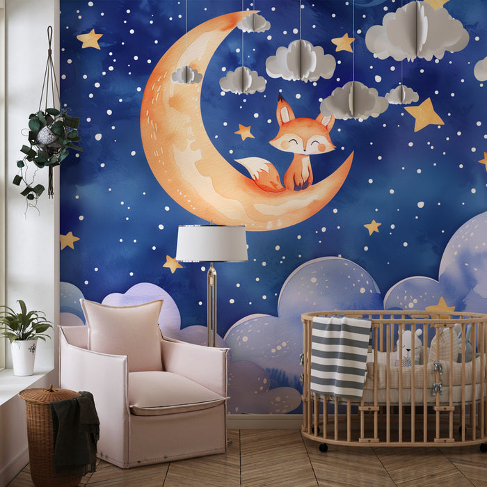 Nursery room wallpaper | Fox on the moon, starry sky and enchanted clouds